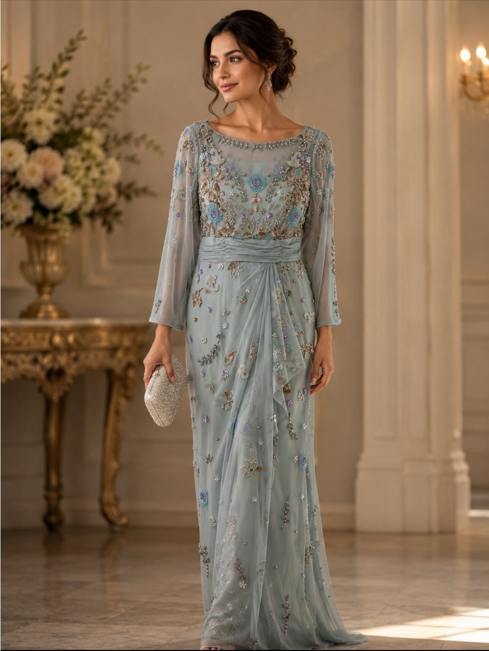 Embroidered Pale Blue Long-Sleeve Evening Gown